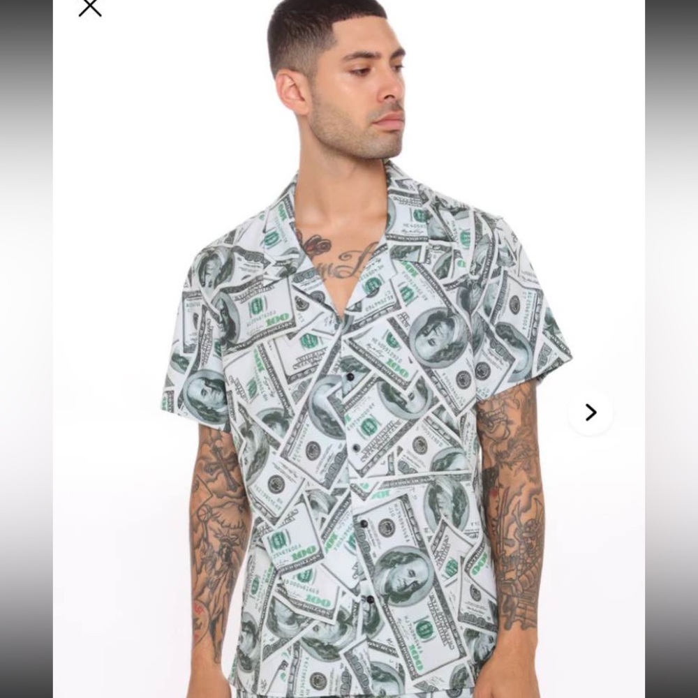 FashionNova Men Money Print Button Up Long Sleeve Shirt ONLY